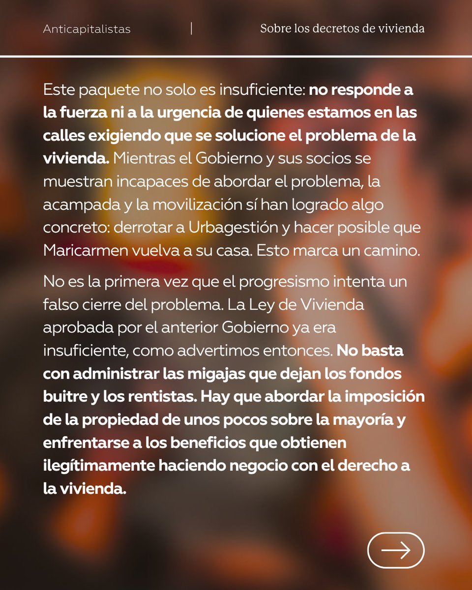 anticapi_'s tweet photo. 💥 El Gobierno rechaza el decreto Maricarmen y aprueba dos reales decretos que rebajan las demandas del movimiento.

📍Necesitamos alquileres indefinidos, bajar los precios un 50 %, expropiar viviendas vacías de bancos y fondos buitre, y topar el alquiler en el 20 % del salario. https://t.co/LA4AQCOAJ6