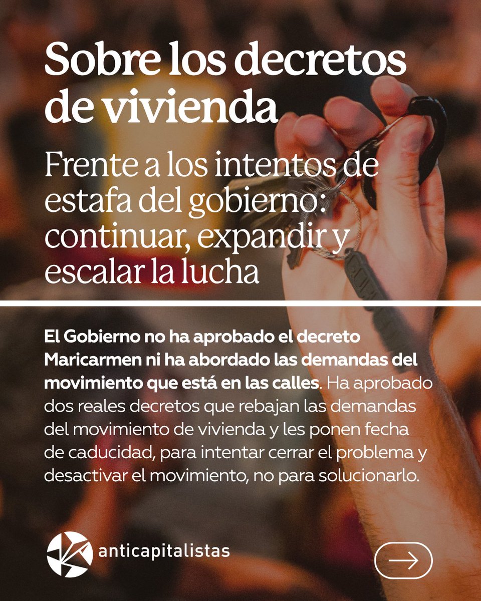 anticapi_'s tweet photo. 💥 El Gobierno rechaza el decreto Maricarmen y aprueba dos reales decretos que rebajan las demandas del movimiento.

📍Necesitamos alquileres indefinidos, bajar los precios un 50 %, expropiar viviendas vacías de bancos y fondos buitre, y topar el alquiler en el 20 % del salario. https://t.co/LA4AQCOAJ6