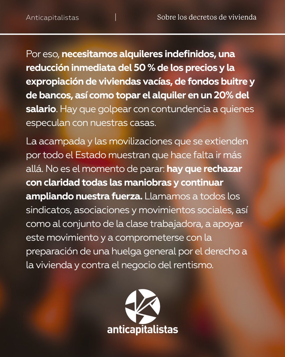 anticapi_'s tweet photo. 💥 El Gobierno rechaza el decreto Maricarmen y aprueba dos reales decretos que rebajan las demandas del movimiento.

📍Necesitamos alquileres indefinidos, bajar los precios un 50 %, expropiar viviendas vacías de bancos y fondos buitre, y topar el alquiler en el 20 % del salario. https://t.co/LA4AQCOAJ6