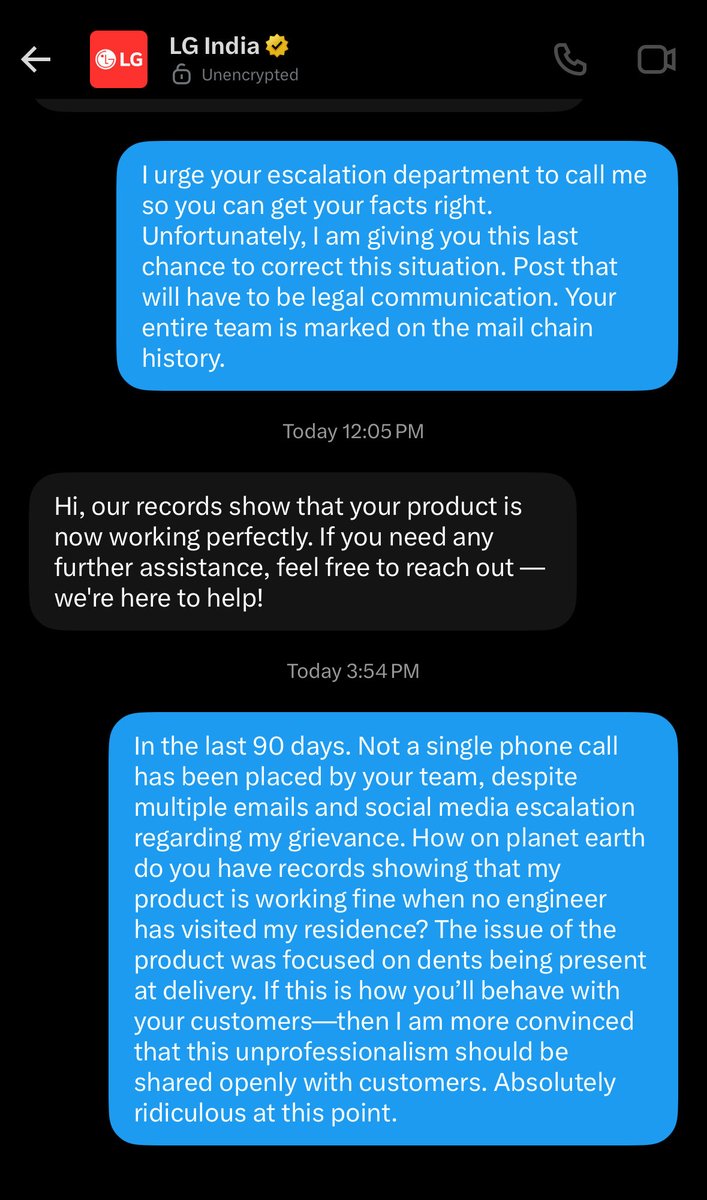 techyguy88's tweet photo. @LGIndia @LGIndia On one side you say the investigation is on-going. But there’s a different story happening in your DMs. How can you post two conflicting messages socially—which present a stark contradictory narrative? Shouldn’t your escalation department CALL ME? It’s been 70+ days! https://t.co/QeyS8Jwq7K