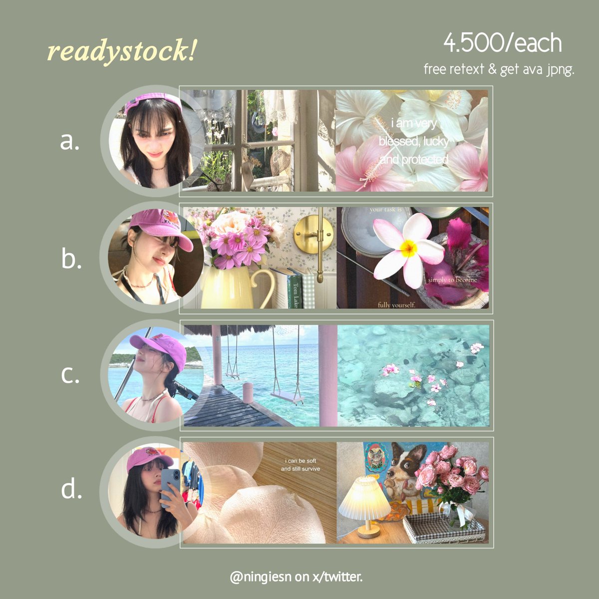 ningiesn's tweet photo. haii help repost yaa, terima kasih ♡

aku punya layout readystock asa, karina &amp; ningning. pricenya 4.500/each yaa, bisa di take sekarang melalui dm. yukk jajank 😆💌
#bealanja https://t.co/WrxIWVaaBr