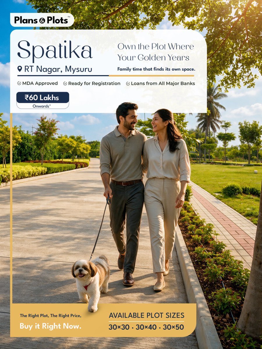 plans_and_plots's tweet photo. Some walks are meant to last a lifetime.

Spatika by Plans &amp; Plots, RT Nagar, Mysuru
MDA Approved | Ready for Registration
Bank Loans Available
Plots: 30×30, 30×40, 30×50
₹60 Lakhs onwards

Call +91 99802 73355 | +91 70907 09990

#Spatika #MysuruRealEstate #PlotsInMysuru https://t.co/6rTg3MTsVk