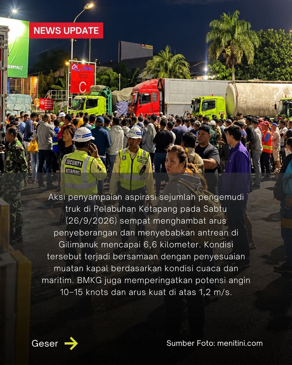 tariaulya28's tweet photo. Penyeberangan Ketapang–Gilimanuk sempat tersendat akibat aksi blokade pengemudi truk dan kepadatan kendaraan angkutan barang. ASDP bersama pihak terkait terus melakukan pengaturan distribusi kendaraan sesuai kapasitas kapal dengan tetap mempertimbangkan kondisi perairan dan https://t.co/X9BO5Mg0BD