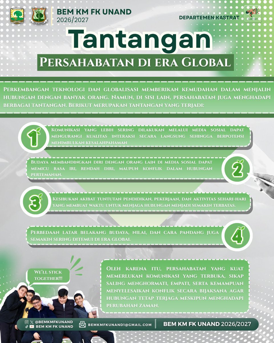 bemkmfkunand's tweet photo. uk menghadapi berbagai tantangan zaman. Karena perubahan besar selalu dimulai dari langkah kecil yang diambil hari ini.
Selamat Hari Remaja Internasional!
#HariRemajalnternasional
#YouthDay
#AgentOfChange
#GenerasiMuda
#BEMKMFKUNAND https://t.co/TU84cobYiW