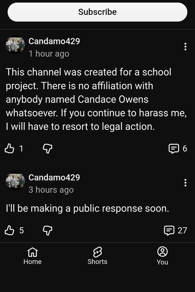 AshtonForbes's tweet photo. Candace has logged in to her inactive 17 year old YouTube channel, deleted it, and made a post that she’s not Candace Owens, it’s a coincidence that the username is her name, middle name, and birthdate.

It’s also a coincidence that Candace Owens is featured in the video, you can hear her, and she’s also credited using her real name.

She’s cooked.😭