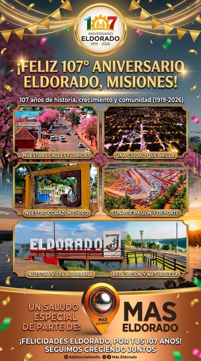 MasEldorado's tweet photo. ¡Feliz 107° Aniversario, querida ciudad de Eldorado! 
Celebramos tu hermosa historia, tu gente y nuestro futuro. Sigamos creciendo juntos.
Un afectuoso saludo de parte de todo el equipo de Más Eldorado. ✨ https://t.co/RRWyeNHwqm