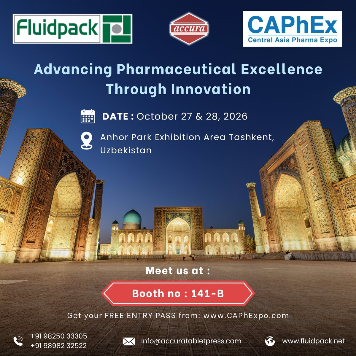 fluidpack1's tweet photo. See you at CAPhEx 2026!
📅27–28 Oct
📍 ashkent, Uzbekistan
📌Booth 141-B
Meet Fluidpack & Accura Tablet Press and explore pharma manufacturing technology.
Free entry pass available.
🌐More: https://t.co/KXf8b3q4A3
#Fluidpack #Accura #CAPhEx2026 #TabletPress #PharmaTechnology https://t.co/QtX7IOok7t