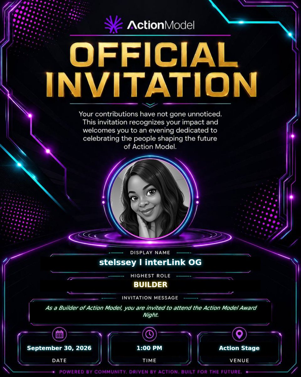 NgaroStella's tweet photo. The Action Model AI Award Night feels like more than just an awards event
It’s a moment to celebrate the people who kept showing up, contributing, learning, and helping grow the community.
I love seeing real members get recognized.
You are invited
#ActionModelAI
#AwardNight https://t.co/wXK8o2ByTl