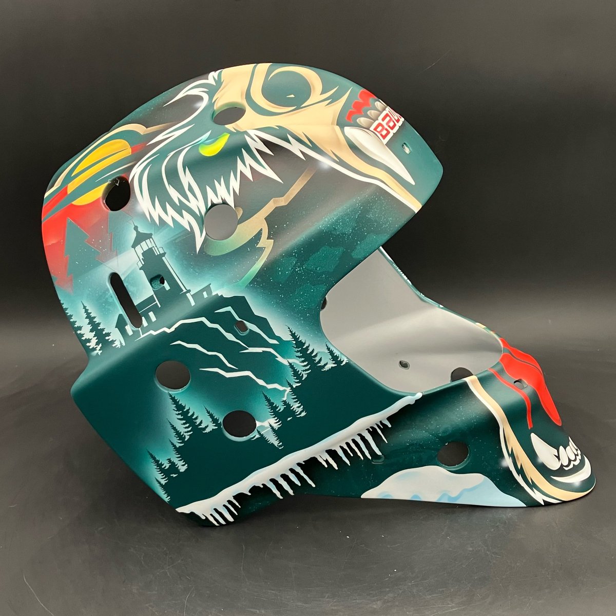 ShellShockCo's tweet photo. .@mnwild new mask for the clubs EBUG Peter Thome tying elements from Manny Fernandez old Wild mask and Peter’s home on the North Shore of Lake Superior #shellshock https://t.co/PVfIxCSQlE