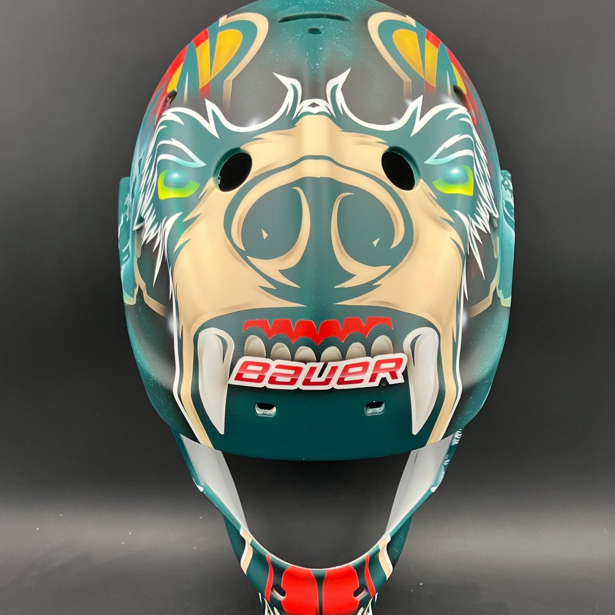 ShellShockCo's tweet photo. .@mnwild new mask for the clubs EBUG Peter Thome tying elements from Manny Fernandez old Wild mask and Peter’s home on the North Shore of Lake Superior #shellshock https://t.co/PVfIxCSQlE