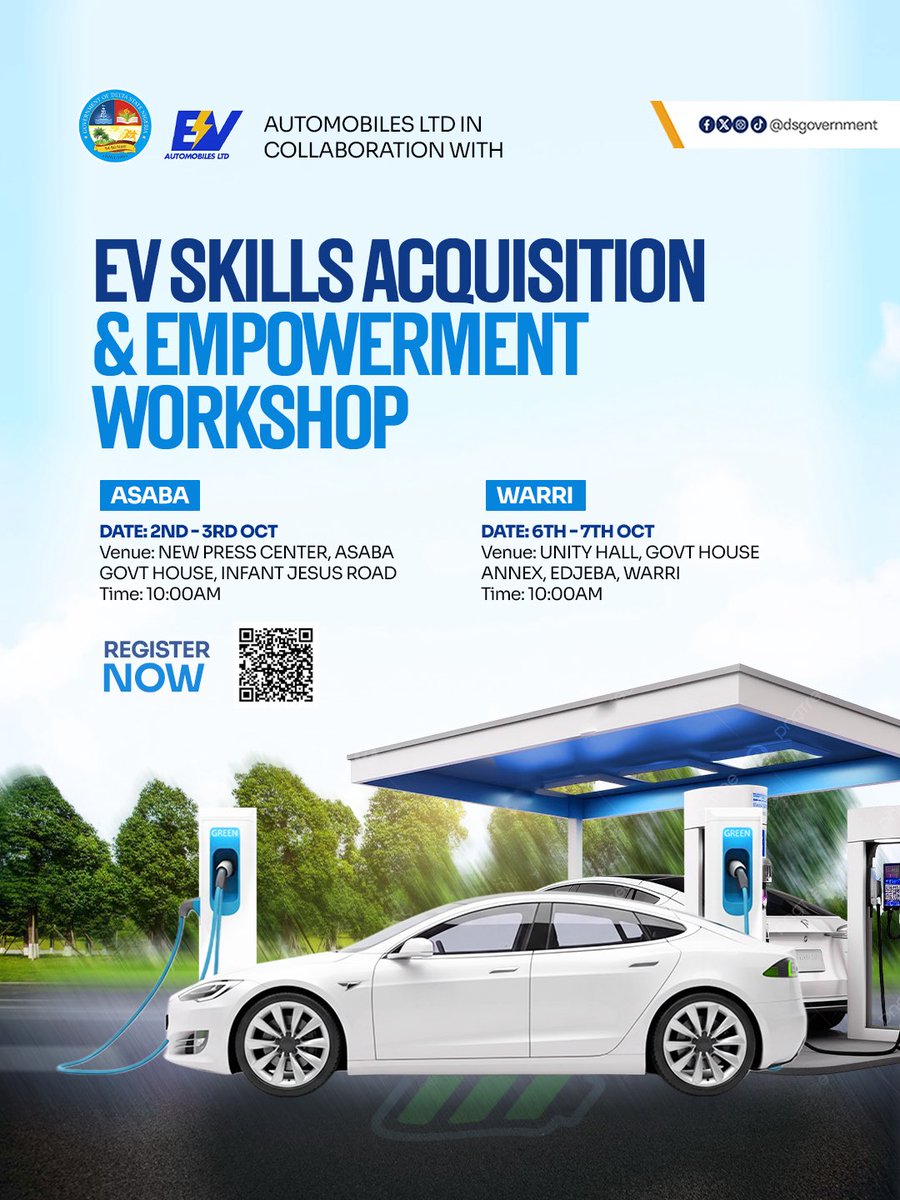DSGovernment's tweet photo. Delta State Government, through the Directorate of Transport, in partnership with EV Automobiles Limited, is providing young people, NATA members and artisans with an opportunity to gain practical skills and knowledge in sustainable transportation.

The Skill Acquisition & Empowerment Workshop will provide participants with hands-on technical training, career pathways and practical insights into the growing electric vehicle sector.

The training will hold in Asaba from 2nd–3rd October 2026 at the Press Center, Government House, Infant Jesus Road, and in Warri from 6th–7th October 2026 at Unity Hall, Government House Annex, Edjeba.

Registration begins at 8:30 AM, with participants encouraged to arrive early. Online registration is ongoing, while physical registration will also be available at the venues on the event days.

Asaba Registration 🔗👇🏾
https://t.co/CfR2EMoEBk

Warri Registration 🔗👇🏾
https://t.co/E2k4U5YIVl

Come prepared to learn, build new skills and explore emerging opportunities in sustainable transportation.