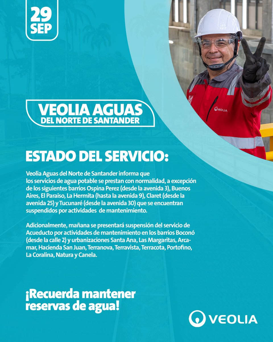 VeoliaAguasNS's tweet photo. #VeoliaAguasDelNorteDeSantander informa que los servicios de agua potable se prestan con normalidad, a excepción de los siguientes barrios Ospina Perez (desde la avenida 3), Buenos Aires, El Paraiso, La Hermita (hasta la avenida 9), Claret (desde la avenida 25) y Tucunaré (desde la avenida 30) que se encuentran suspendidos por actividades  de mantenimiento.

Adicionalmente, mañana se presentará suspensión del servicio de Acueducto por actividades de mantenimiento en los barrios Boconó (desde la calle 2) y urbanizaciones Santa Ana, Las Margaritas, Arcamar, Hacienda San Juan, Terranova, Terravista, Terracota, Portofino, La Coralina, Natura y Canela.