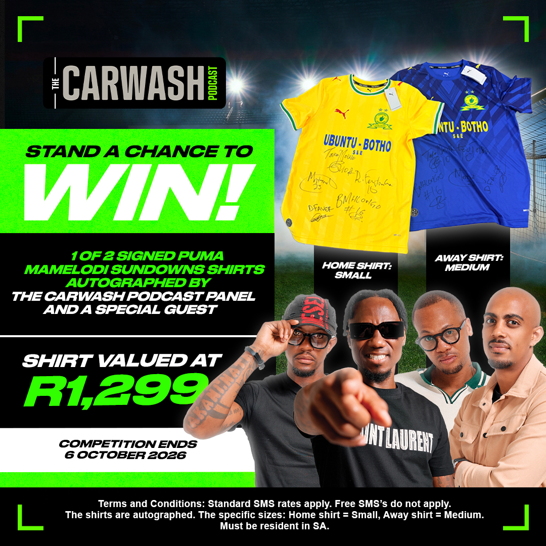 Soccer_Laduma's tweet photo. STAND A CHANCE TO WIN ONE OF TWO SIGNED PUMA MAMELODI SUNDOWNS SHIRTS, SERVED BY THE CARWASH PODCAST and PUMA 🟡🔵🎙️

😎🔥 Get ready to add some serious bragging rights to your collection 🏆

THE CARWASH Podcast panel has linked up with a special guest to autograph two iconic Sundowns shirts, and one of them could be yours — for FREE!

📲 Know you want it?

SMS ''CARWASH&PUMA''  to 33231 for your chance to win.

🟡 Prize 1: PUMA Mamelodi Sundowns Home shirt (Size: Small) 
🔵 Prize 2: PUMA Mamelodi Sundowns Away shirt (Size: Medium)

Both shirts are autographed by The Carwash Panel; Delmain Faver, Teko Modise, Brighton Mhlongo, Linda Mntambo and Episode 11 special guest Roger 'The General' Feutmba.

🎙️ Where it all went down: watch the full Episode 11 with The General 👉 https://t.co/8ALSvsehKB

🚫 Shirts only available in the sizes listed above — no exchanges
🔞 Entrants must be residents of South Africa

Competition ends 6 October 2026

Standard SMS rates apply. Free SMS's do not apply.
Ts&Cs apply.

@PUMASouthAfrica 
#CarwashPodcast #Masandawana #Sundowns #PUMA #KickOff