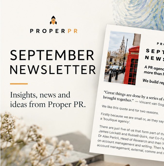 Proper_PR's tweet photo. The September edition of the Proper PR newsletter is out now. 

https://t.co/5pJLYeKVYm https://t.co/9QSttsIiO2