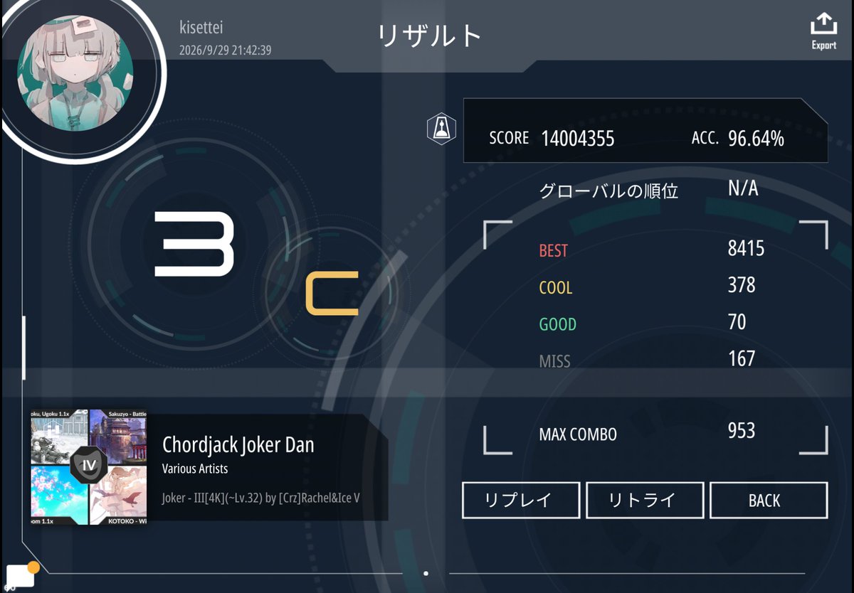 _dddwd's tweet photo. 今日のマロ joker-3 pass！
最後の曲得意な傾向すぎて95.1から一気に回復した https://t.co/N9iWDQSu0f
