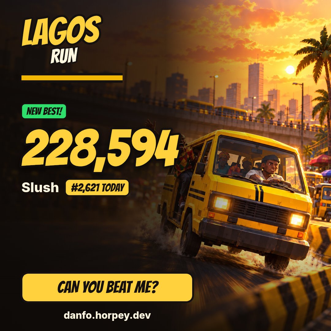 VICTORSLUSH's tweet photo. I scored 228,594 driving danfo in Lagos Run. I'm #2,621 today. Can you beat me? https://t.co/8wJMMDOPah #LagosRun @eureka_seamless https://t.co/AgqnXwnQhc