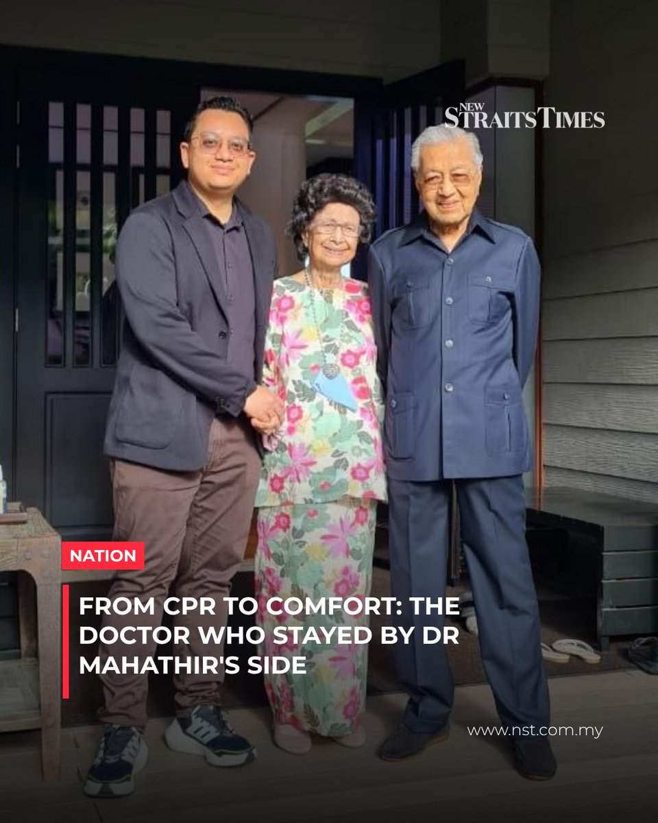 NST_Online's tweet photo. #NSTnation As Tun Dr Mahathir Mohamad bade his final farewell to his late wife, Tun Dr Siti Hasmah Mohamad Ali, yesterday, three medical personnel stayed close by, watching over the former prime minister.

What caught the public's attention was not just their presence, but the sight of the three — a Malay doctor, an Indian nurse and a Chinese therapist — standing together as they accompanied the 101-year-old former prime minister through one of the most difficult moments of his life.
 
One of the three was Dr Iskandar Mirza Amran, a Clinical Cardiology Fellow and Specialist in Internal Medicine at the National Heart Institute (IJN). 

Read More: https://t.co/4Qpb1OzXtt