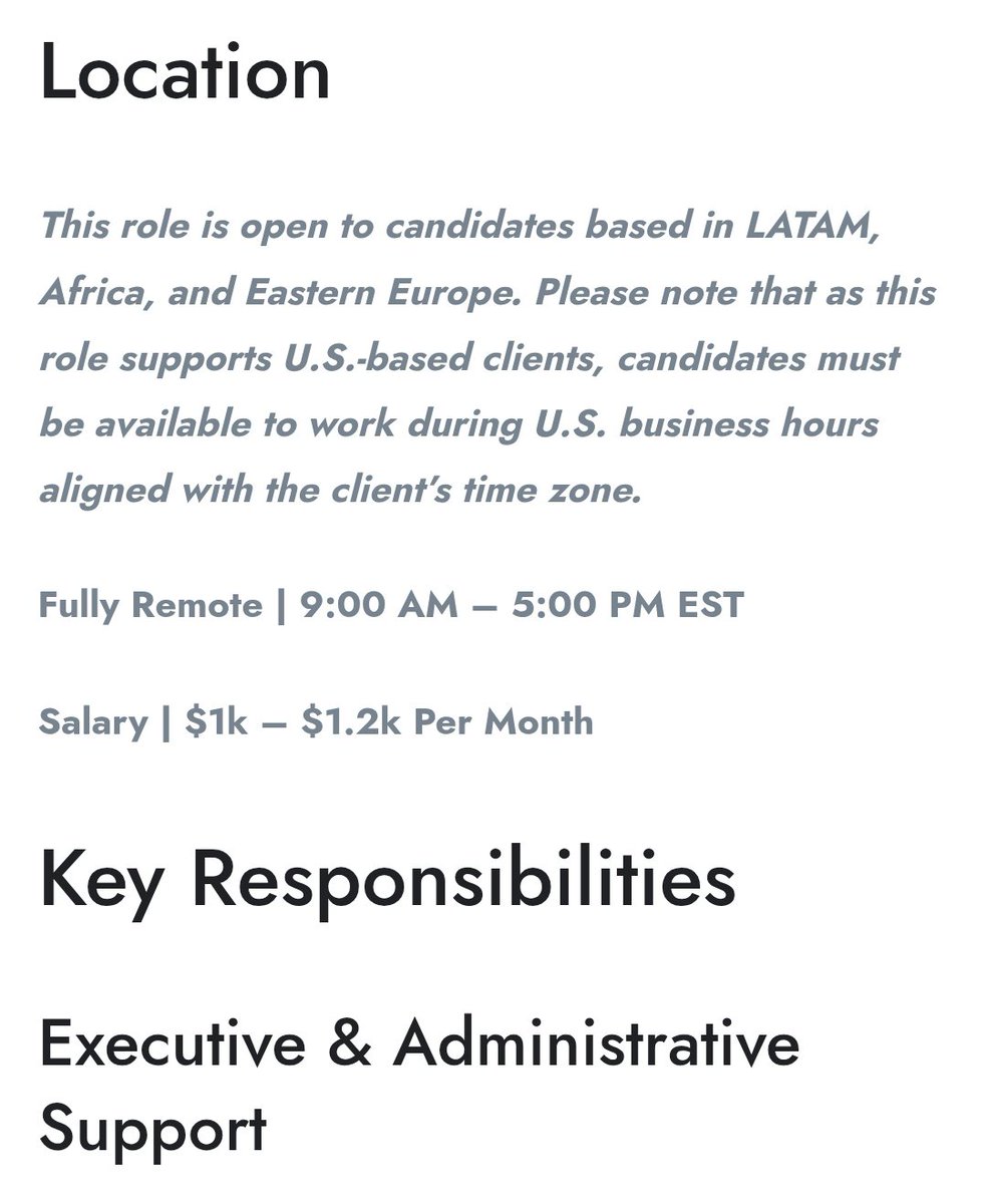 peo_pool's tweet photo. If you have 3+ years of experience and you’re looking for a fully remote Executive Assistant job.

I just found an Executive Assistant role open to candidates in Africa, Latam, and Eastern Europe.

Pay is $1,000 – $1,200 per month. 👇🏾 https://t.co/nnIzDtfecB