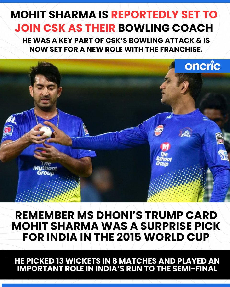 oncric_'s tweet photo. Mohit Sharma is reportedly set to return to CSK — this time as their bowling coach! 🦁💛

The former CSK pacer was a key part of their bowling attack and now could take up a new role with the franchise. 🔥🏏 https://t.co/doTR8tg8Do