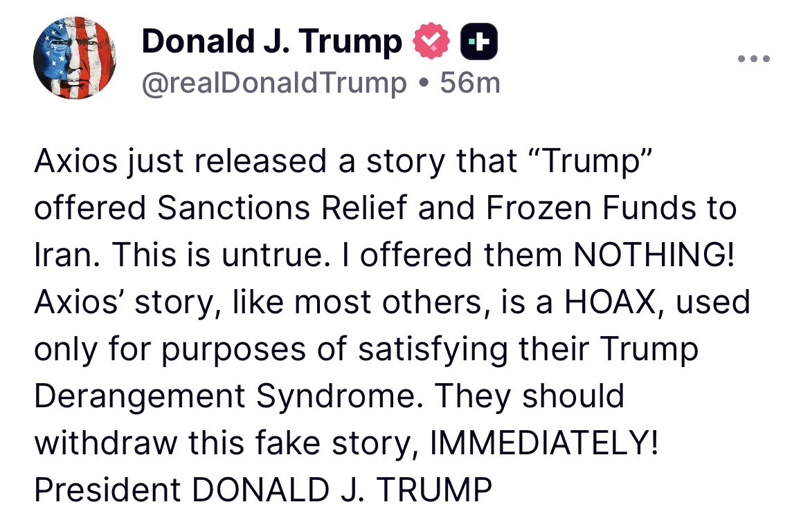 sentdefender's tweet photo. Last night U.S, President Donald J. Trump denied reports from Axios that his administration was ready to give economic concessions to Iran, calling the story “fake,” despite other outlets also reporting similar stories surrounding the possibility of economic concessions being granted in return for progress on the nuclear issue.