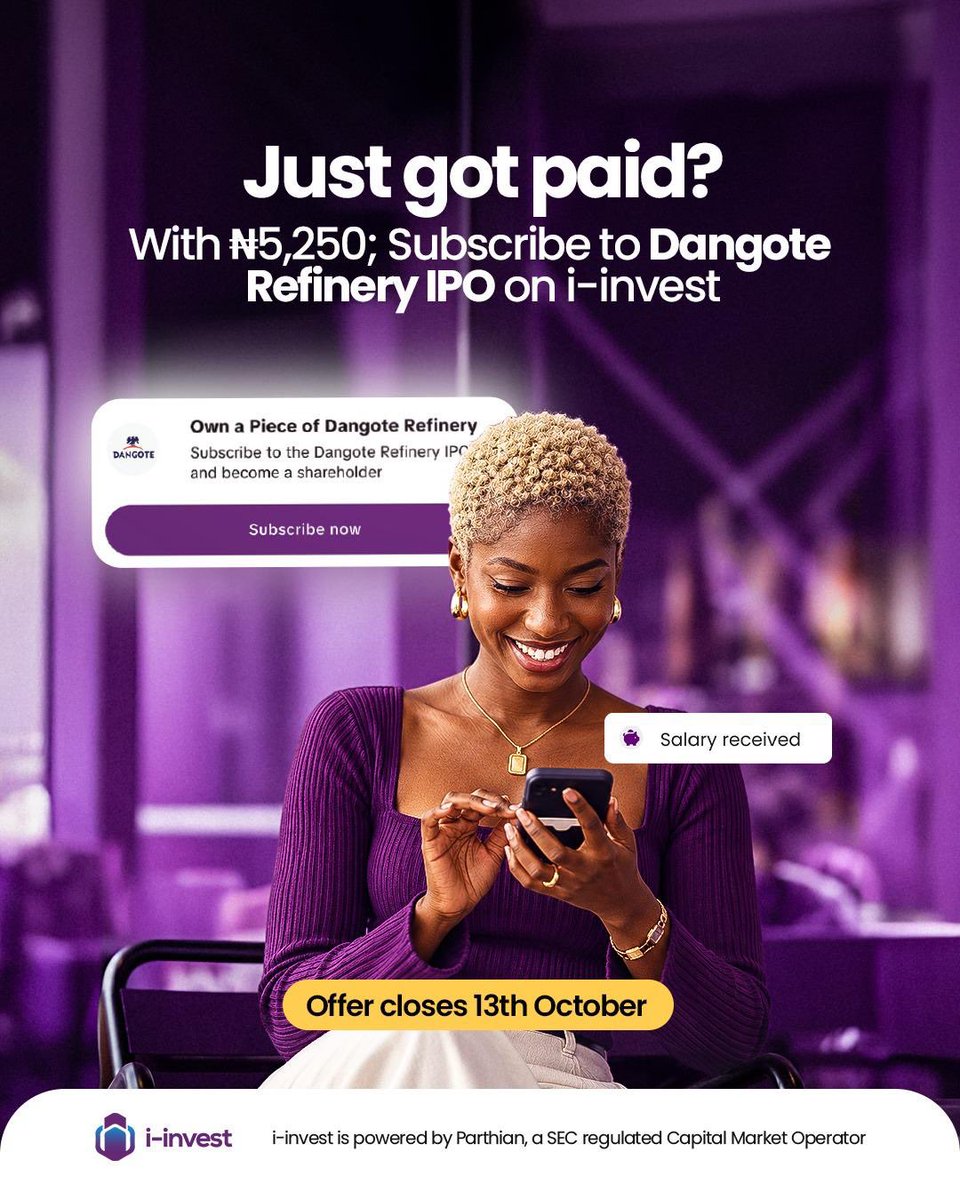 iinvestng's tweet photo. Starting with as little as ₦5,250 (10 units), you can subscribe to the Dangote Refinery IPO seamlessly on i-invest.
We are already in week 3 and offer closes October 13th!
#iinvest #DangoteIPO #Equities https://t.co/ETNFTI5eB2