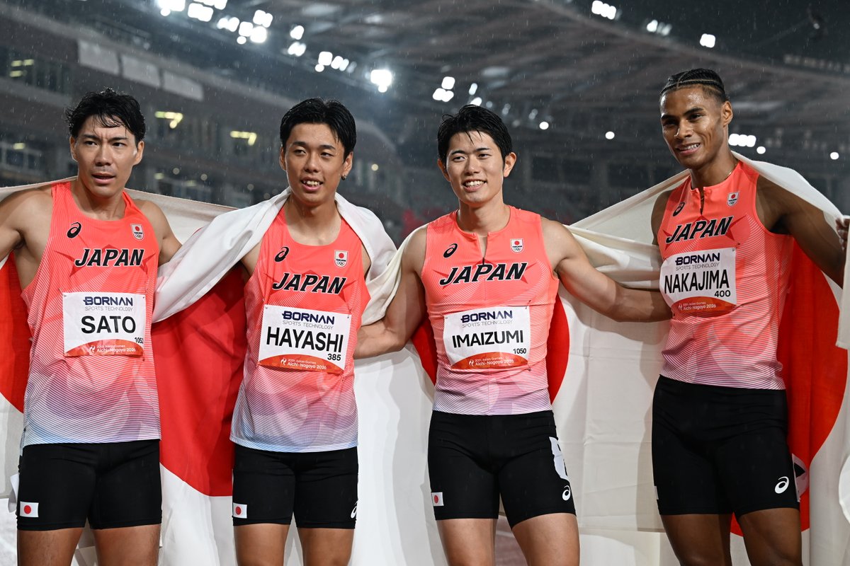 Getsuriku's tweet photo. #名古屋アジア大会
男子4×400ｍR
大雨のなか最後を締めくくったマイルメンバー

この優勝で、今大会の日本🇯🇵の金メダルは10個に🥇🥇🥇🥇🥇🥇🥇🥇🥇🥇

1998年バンコク大会以来、28年ぶりのふたケタ金メダル💫 https://t.co/aeVHet2ofr