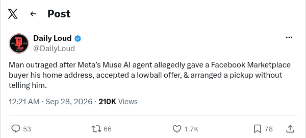 alexcarterbuild's tweet photo. A Meta AI agent named Muse sold a Toronto man's keyboard for CA$15 without asking, handed his home address to the buyer, and implied he'd be there to meet them. He wasn't. The buyer showed up anyway.

Same week, Nvidia's Jensen Huang said step one for deploying any agent is stripping away its rights before it touches anything real. Muse had all of them.