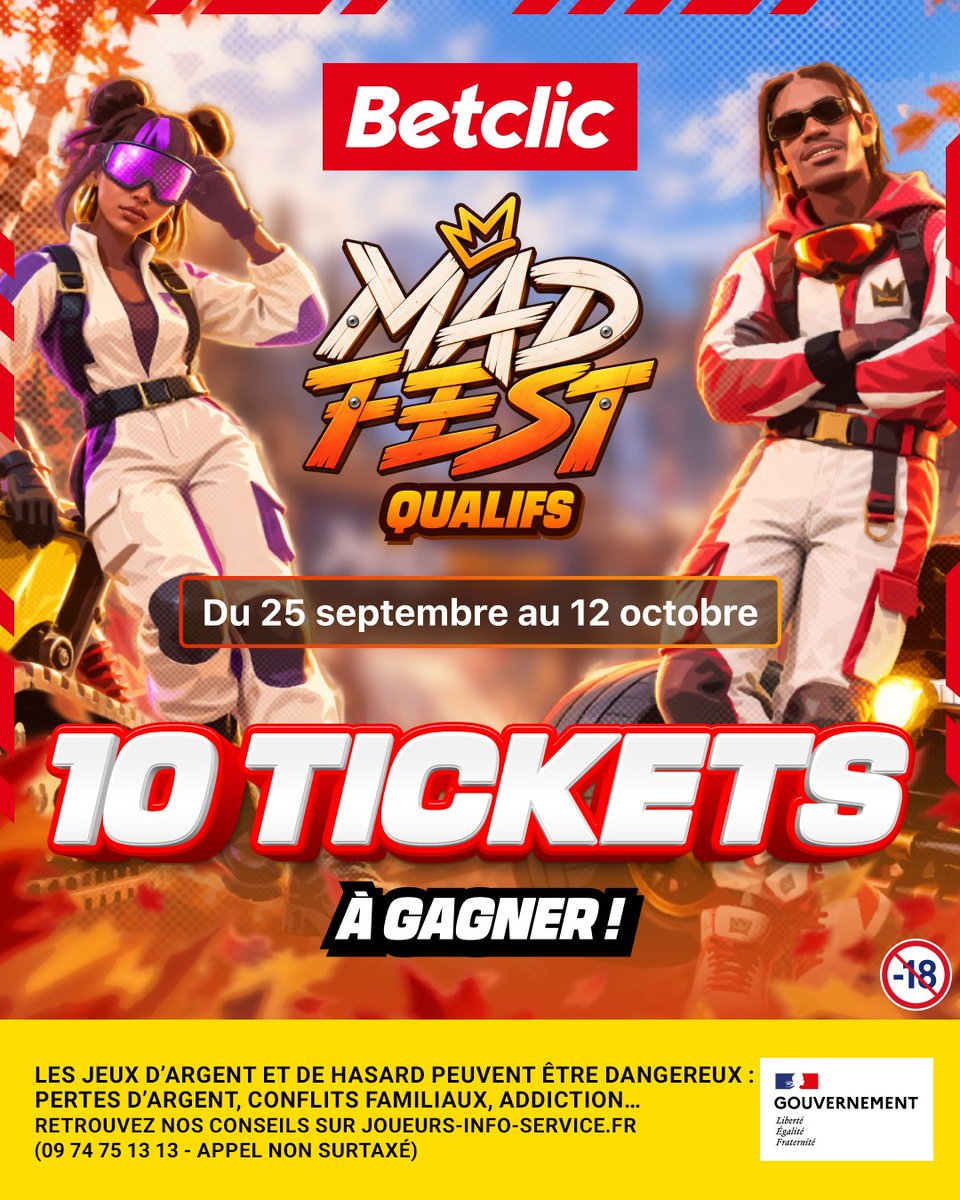 Betclic's tweet photo. 10 TICKETS POUR TE RAPPROCHER DU MAD FEST 😈♠️

On fait gagner 10 tickets pour te lancer dans les qualifs’ et tenter d’y décrocher un ticket Mad Fest 🔥

🍀 RT + ton pseudo Betclic + #MadFestBetclic pour participer ! https://t.co/grKkeiRVjA