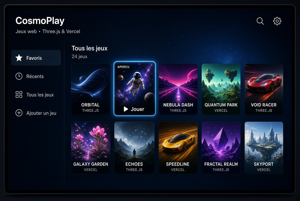 OmLux3's tweet photo. 🚀 CosmoPlay arrive sur Apple TV !
Une bibliothèque de jeux web (Three.js &amp; Vercel)  interface moderne avec ajout de liens en un clic et interface pensée pour la télécommande.on va pas se mentir, ce sera pas simple #AppleTV #tvOS #ThreeJS #opus5.5 #Vercel https://t.co/FkRYCaOIV8