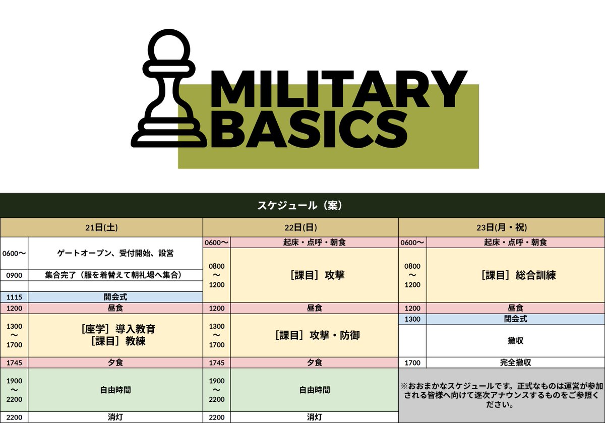 MILITARY_BASICS's tweet photo. 本イベント間のスケジュールです。
基礎的な内容を少しづつ練習して、最終日の総合訓練へつなげていきます。

開催日時:11/21（土）〜23（月祝）
開催場所:旧浅間サーキット

▼イベント詳細、参加フォームはこちら
https://t.co/7i8ZPcj5nu

#MILITARYBASICS https://t.co/cAo3oiUO5F