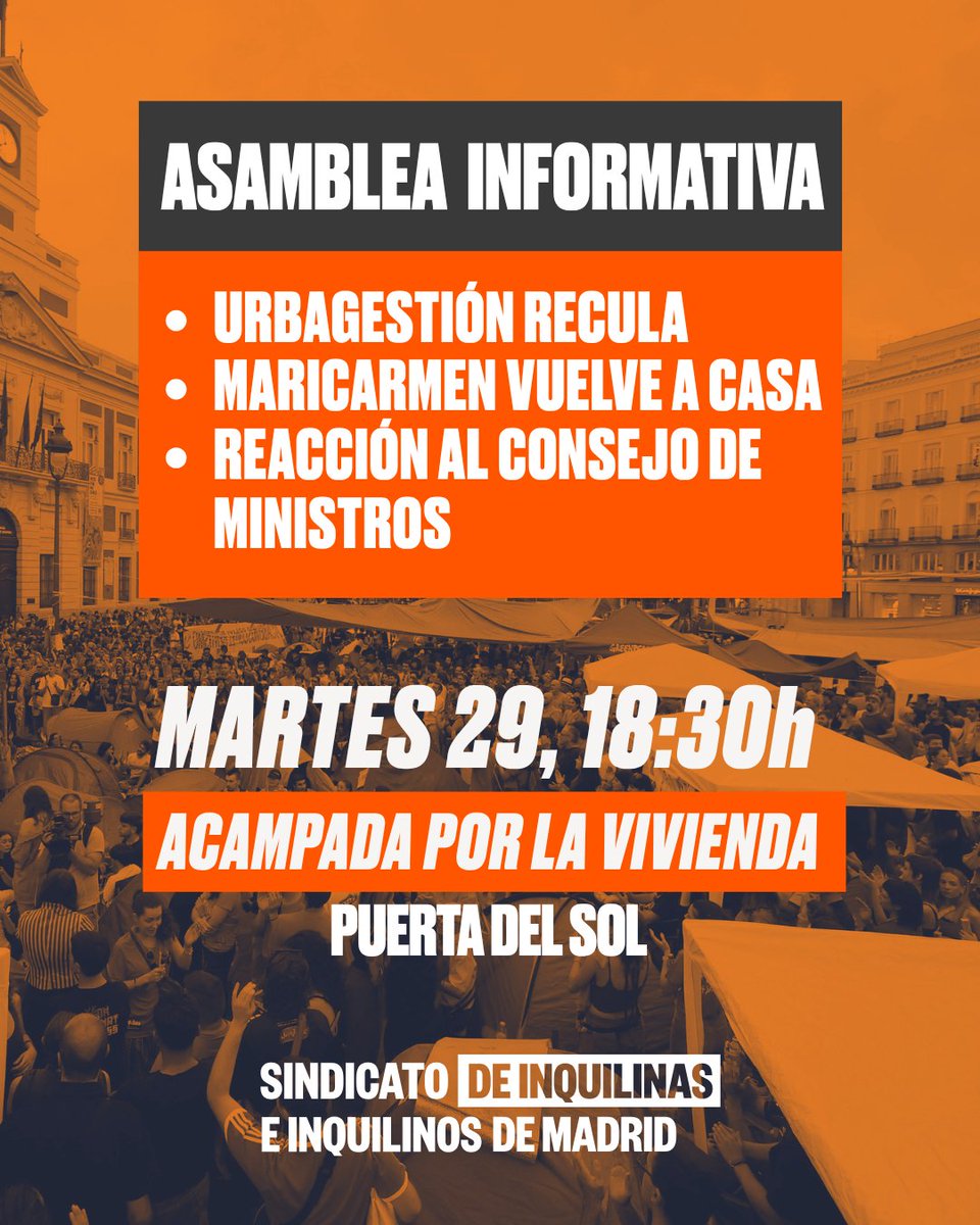 InquilinatoMad's tweet photo. ASAMBLEA INFORMATIVA!

Esta tarde nos vemos todas para ponernos al día sobre todo lo que ha ocurrido últimamente. 
- la cesión de Urbagestión 
- la vuelta de Maricarmen a su casa
- nuestra reacción al consejo de ministros. 

A las 18:30h en la Plaza del Sol! https://t.co/FhgNkthMAd