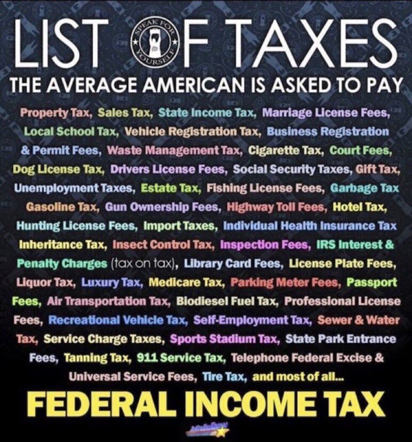 GinaSaysSo's tweet photo. Everything we do and own is taxed, and sometimes multiple times. 

For every hour worked, WE PAY the state and federal government.

What are we paying for?

Why do we agree to this? https://t.co/iiOUS6MO0T