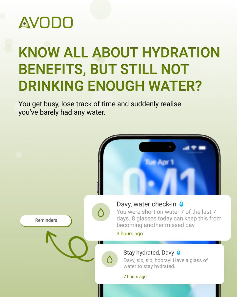 avodoai's tweet photo. You know you should drink more water, but between work, workouts, and busy schedule, it’s easy to forget.
That’s where Avodo’s Hydration Tracker comes in.
Set your goal, log your water, get reminders, and keep an eye on your progress, all in one place.

#Avodo #HealthyEating https://t.co/Pff5Kf91z4