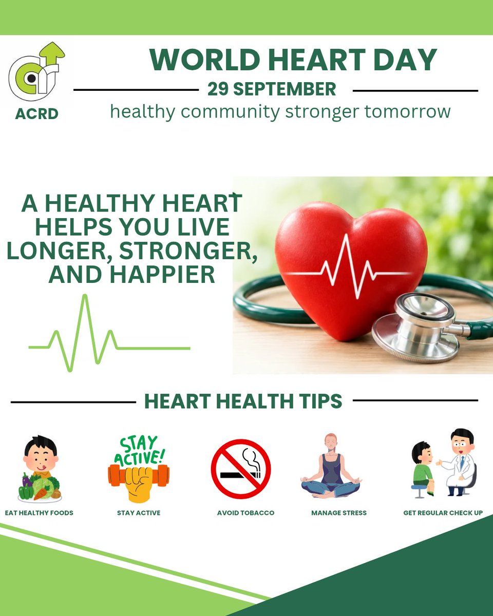 acrd1995's tweet photo. On World Heart Day ACRD’s Sanjeevani Clinic on Wheels reminds everyone that a healthy heart begins with everyday choices.
🥗 Choose nutritious foods
🏃 Stay physically active🚭 Avoid tobacco and harmful substances🧘 Manage stress and get enough rest🩺Go for regular health checkup https://t.co/fX4TAtTqIU