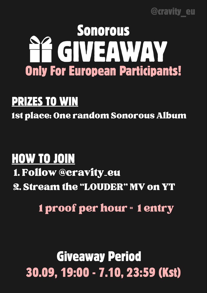 Cravity_Eu's tweet photo. [GIVEAWAY]

We are giving away 1 Random Sonorous Album 🪽

📅: 30.09. 7 PM KST - 7.10 11:59 PM KST

Follow the instructions below to enter ‼️

#CRAVITY #크래비티  #SONOROUS #LOUDER https://t.co/lfAOdW0HDk