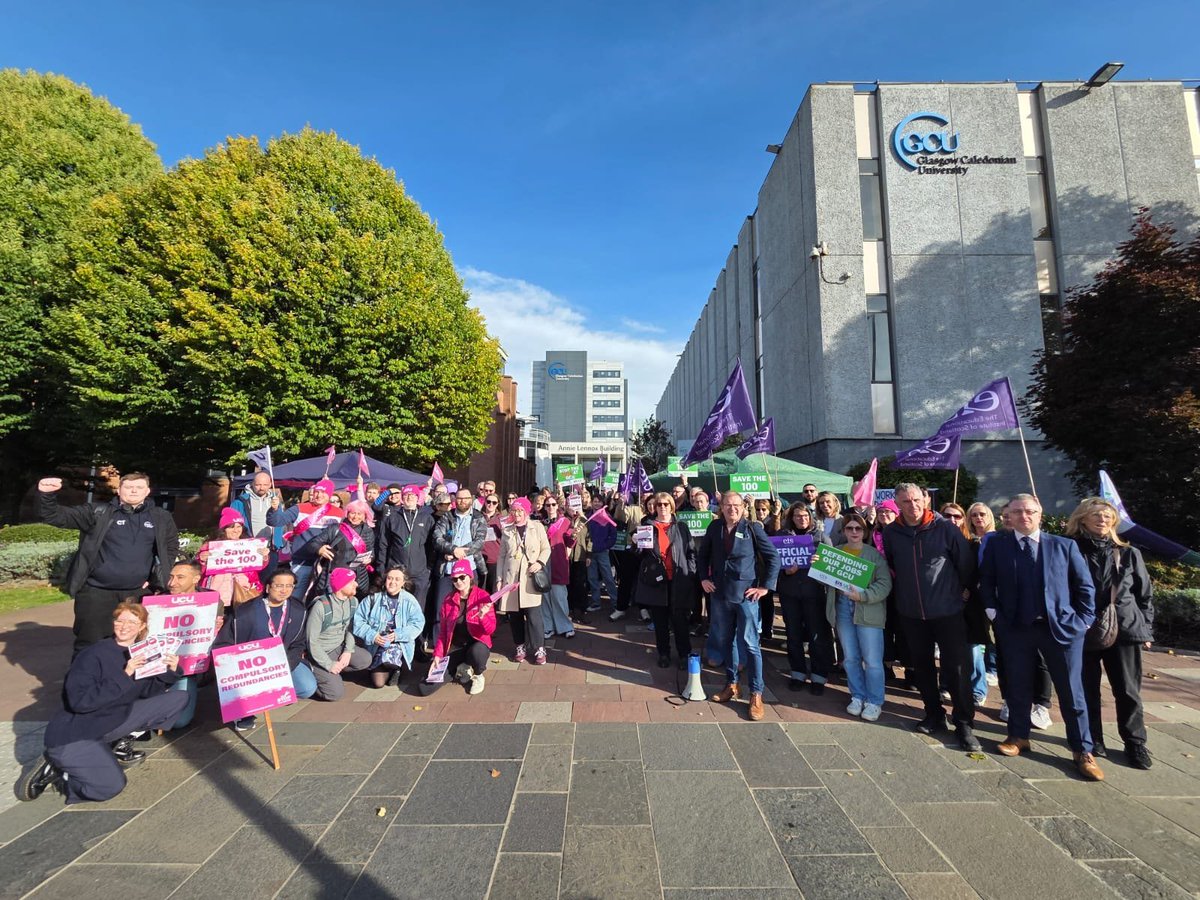 FionaSkillen's tweet photo. A great turnout on today’s picket. GCU executive want to make staff redundant despite surplus accounts, huge cash reserves and more students than ever. We say no to redundancies. #gcu #ucu @UCUScotland #savethe100 https://t.co/1hoB4yS2hJ