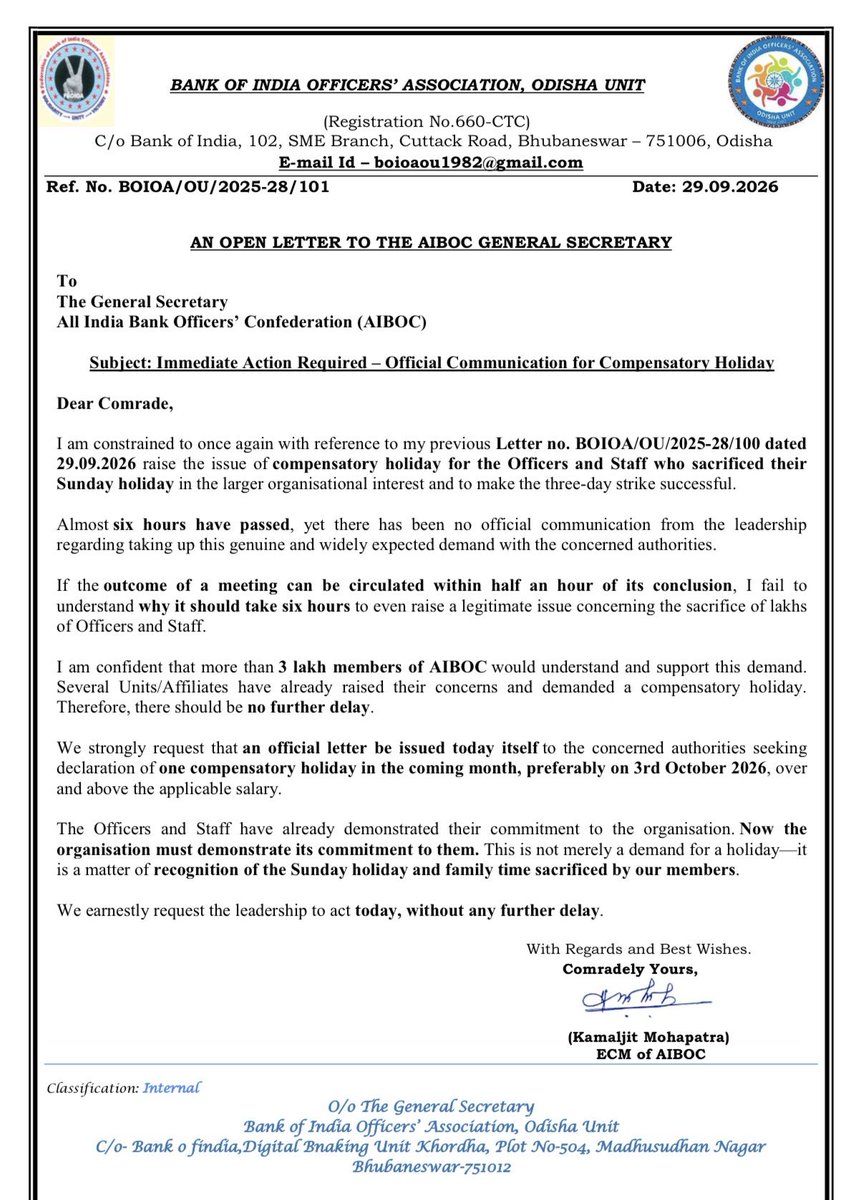KamaljitBOIOAOU's tweet photo. 6 hours have passed, yet no official communication on the compensatory holiday. Several Affiliates hv already raised this demand.I urge AIBOC to act today and formally seek 1 compensatory holiday, preferably on 3rd Oct. Our members sacrificed their Sunday. @aiboc_in @rupamsmail https://t.co/A3c7kTqI77