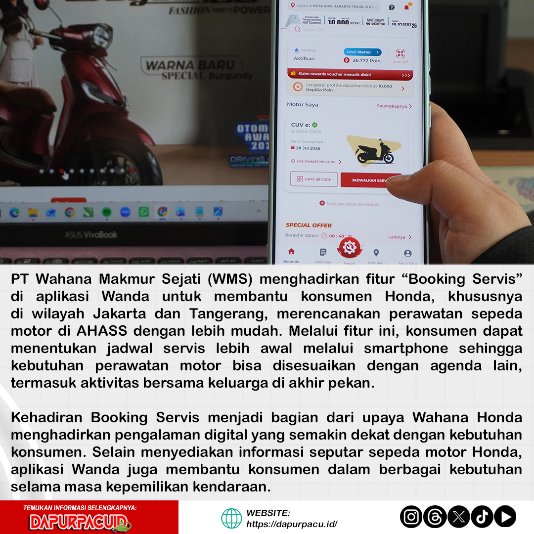 Dapurpacu_id's tweet photo. Wahana Honda menghadirkan fitur “Booking Servis” di aplikasi Wanda yang membantu konsumen Honda, khususnya di Jakarta dan Tangerang, mengatur jadwal perawatan motor di AHASS dengan lebih praktis.
#wahanahonda #wms #wanda #Honda #hondaindonesia #bookingservis
@WahanaHonda https://t.co/09Mahu3OMD