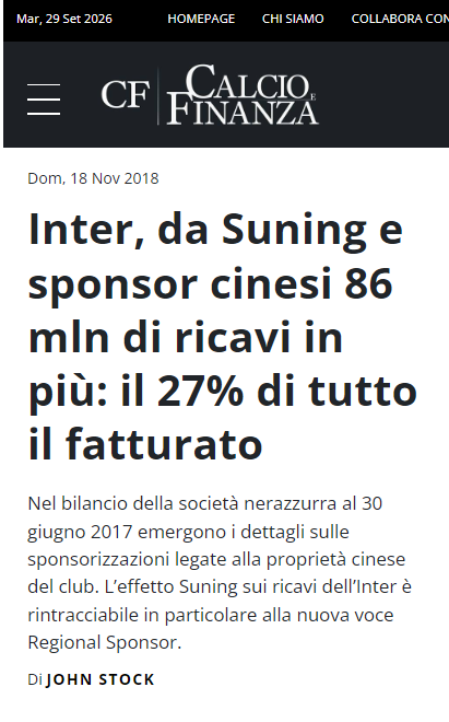 Fabio_Wallys's tweet photo. 2017
l'Inter per non incorrere nelle multe del Fair Play Finanziario attiva una serie di sponsorizzazioni con Suning.
Il fatturato fa un balzo in avanti del 27%.
Ripeto 27% quasi un terzo in piu' di ricavi.
Qui nessuno ha indagato, anzi a quelli che indagavano veniva suggerito di non farlo (fonte: Report).