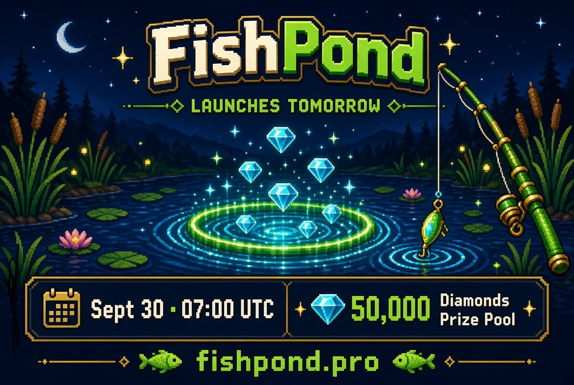 Fishpond_PRO's tweet photo. 🎣 FishPond launches tomorrow!

Live at 07:00 UTC (Sept 30)

50,000 Diamonds injected into the prize pool 💎

Complete community tasks to earn Bound Diamonds Invite friends and get 5% of their points as rewards

Anglers, get ready! 🔥
#FishPond #Robinhood https://t.co/g1UrAwXPUT