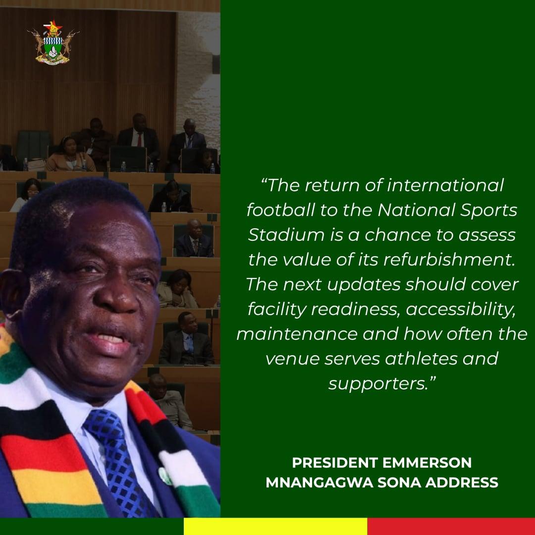 buhlewakobyo's tweet photo. President Mnangagwa's SONA address highlighted the return of international football to the National Sports Stadium and calls for updates on facility readiness, accessibility, maintenance and how often the venue serves athletes and supporters. 
#SONA2026 https://t.co/j3Ji8bfrD3