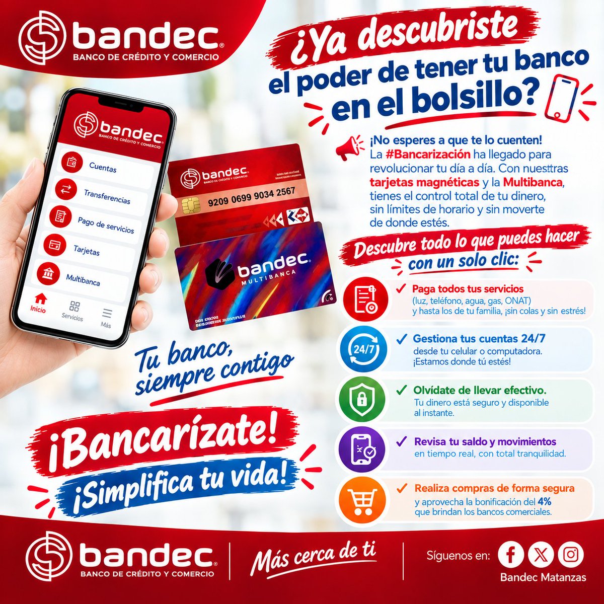 bandecmatanzas's tweet photo. 📲💳 ¡Bancarízate y lleva tu banco en el bolsillo!

📣La #Bancarización te permite gestionar tu dinero de forma más cómoda, segura y sin límites de horario.

Con tus tarjetas magnéticas y la Multibanca puedes: 
✅ Pagar servicios sin hacer colas.
#BandecNoSeDetiene 
Siga el hilo https://t.co/bOBddje9SN