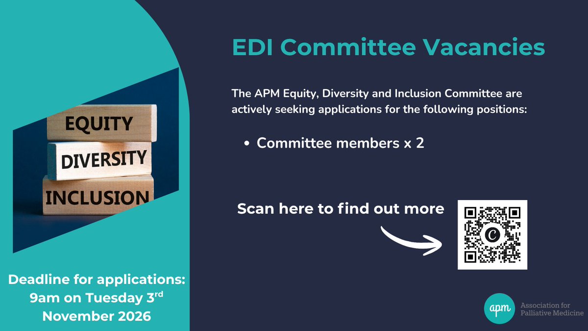 APMPostTweets's tweet photo. 🌟 Want to help shape a more inclusive future for palliative medicine?

The APM EDI Committee is looking for 2 new committee members to bring fresh perspectives, champion equity, diversity &amp; inclusion, and help drive meaningful change across our specialty. 

⬇️ Apply today https://t.co/Am295IYYs4