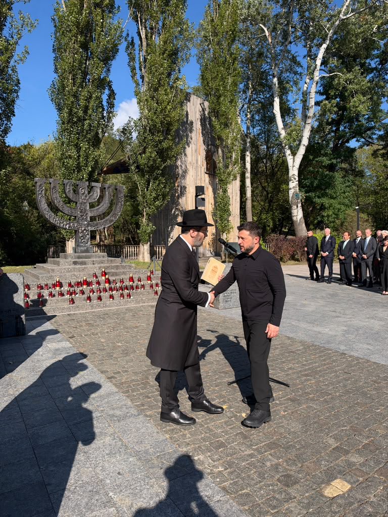FJCU's tweet photo. President Volodymyr Zelenskyy joined the FJCU-organized memorial marking 85 years since the Babyn Yar massacre, alongside rabbis, Jewish community leaders and diplomats from around 50 countries. https://t.co/YjvFwEhl2p