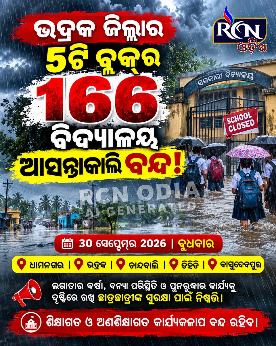 rcnodia's tweet photo. 🚨 ଭଦ୍ରକରେ ବଡ଼ ଅପଡେଟ୍! 🌧️
୫ଟି ବ୍ଲକ୍ର ୧୬୬ ବିଦ୍ୟାଳୟ ଆସନ୍ତାକାଲି ବନ୍ଦ। 🏫❌
📍 ଧାମନଗର | ଭଦ୍ରକ | ଚାନ୍ଦବାଲି | ତିହିଡି | ବାସୁଦେବପୁର
ଲଗାତାର ବର୍ଷା ଓ ବନ୍ୟା ପରିସ୍ଥିତିକୁ ନେଇ ଛାତ୍ରଛାତ୍ରୀଙ୍କ ସୁରକ୍ଷା ପାଇଁ ନିଷ୍ପତ୍ତି।
#Bhadrak #Odisha #SchoolClosed #Flood #RCNOdia https://t.co/la1n2XAJOJ