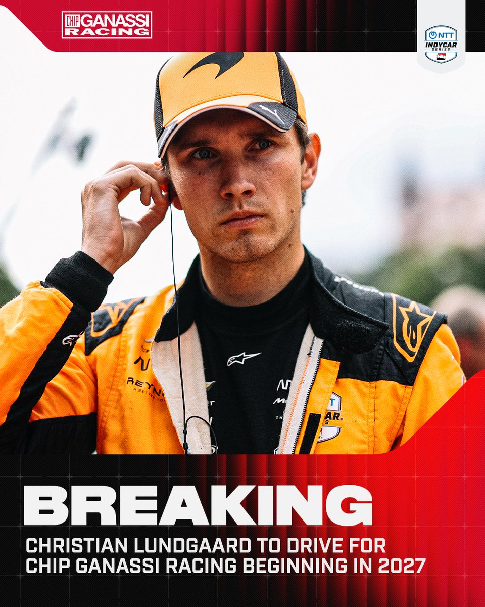 IndyCar's tweet photo. NEWS: IT'S OFFICIAL 🙌

Christian Lundgaard will join Chip Ganassi Racing on a multiyear deal beginning in 2027. https://t.co/WssFaJK9cm