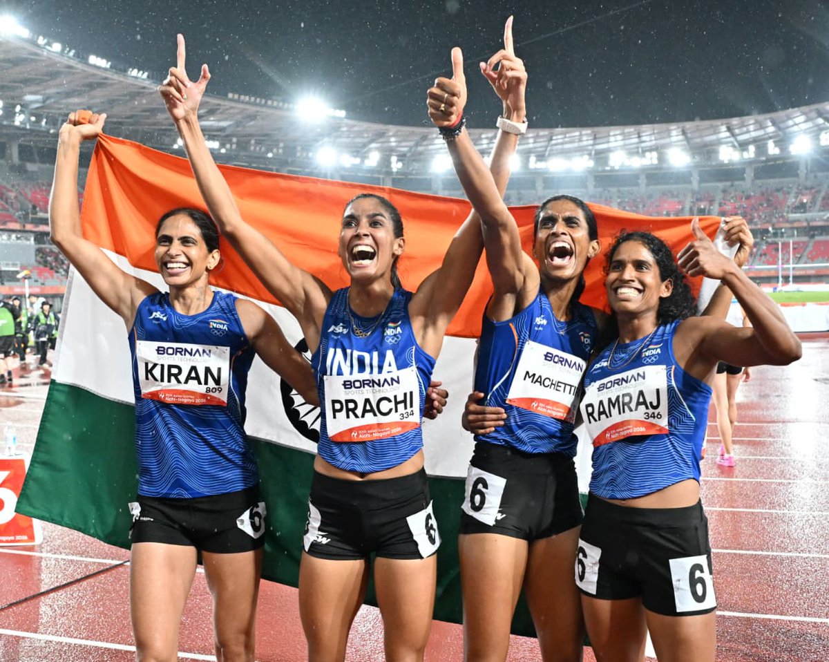 the_hindu's tweet photo. India wins first athletics gold at Asian Games 2026 with a 3:29.69 in women's 4x400m relay

📷@rvmoorthyhindu https://t.co/UzmezqzoKl