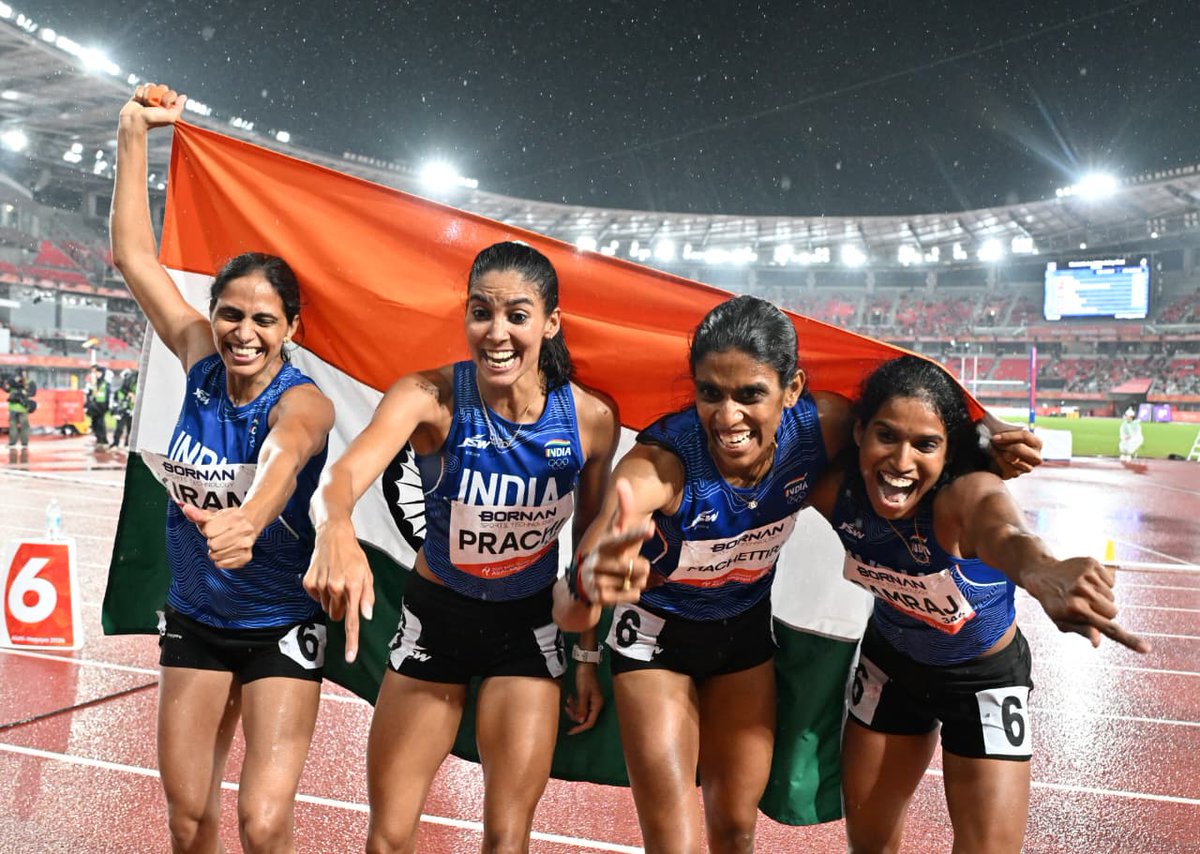 the_hindu's tweet photo. India wins first athletics gold at Asian Games 2026 with a 3:29.69 in women's 4x400m relay

📷@rvmoorthyhindu https://t.co/UzmezqzoKl