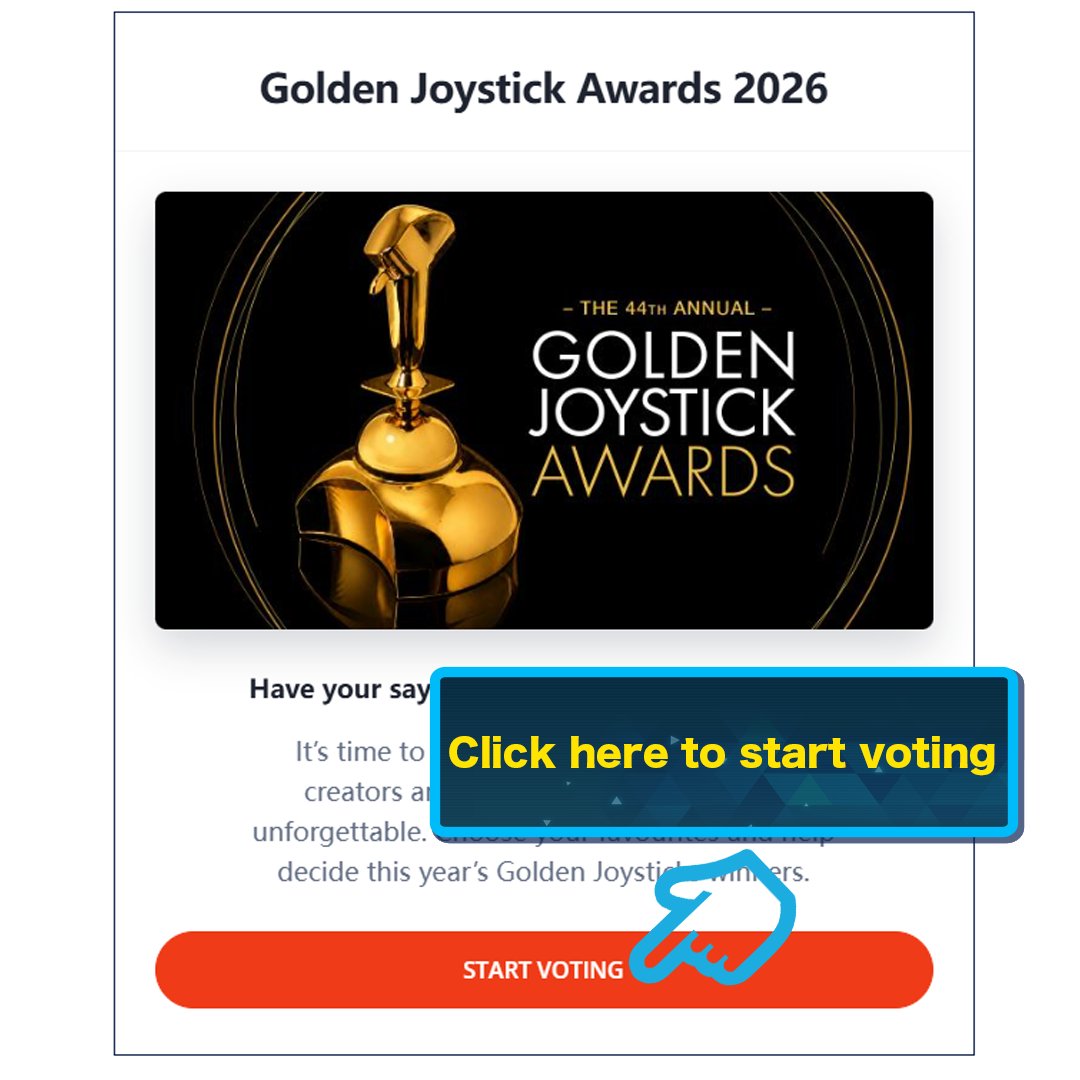 Palworld_EN's tweet photo. Voting for the Golden Joystick Awards 2026 is now open!
Please consider voting for Palworld!

[How to vote]
1. Click "Start Voting" on the voting page (https://t.co/CT5Qu9KfuM)

2. Cast your vote and proceed to page 10 (page 11 on mobile).

3. Under "Still Playing (PC & Console)", vote for Palworld by selecting "SELECT", then click "VOTE"!

4. Once "THANKS FOR VOTING" appears, your vote is complete (Entering your email address or other personal information is not required.)
