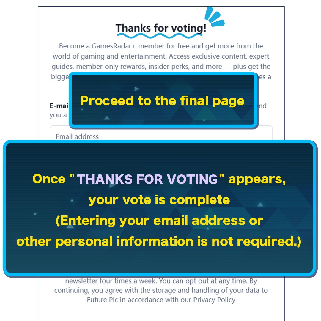 Palworld_EN's tweet photo. Voting for the Golden Joystick Awards 2026 is now open!
Please consider voting for Palworld!

[How to vote]
1. Click "Start Voting" on the voting page (https://t.co/CT5Qu9KfuM)

2. Cast your vote and proceed to page 10 (page 11 on mobile).

3. Under "Still Playing (PC & Console)", vote for Palworld by selecting "SELECT", then click "VOTE"!

4. Once "THANKS FOR VOTING" appears, your vote is complete (Entering your email address or other personal information is not required.)